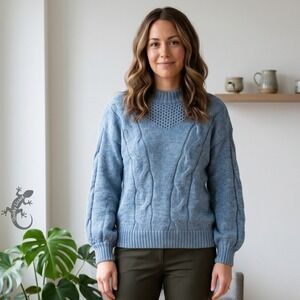 LC Lauren Conrad Sweater M Blue Metallic Cable Knit Pointelle Balloon Sleeve Top